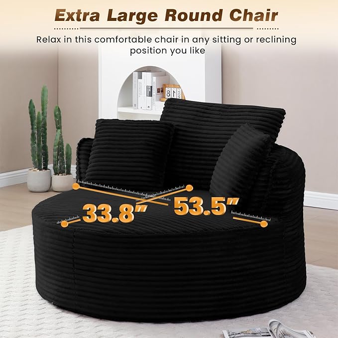 53"W Oversized Round Chaise Longue Chair Indoor,Corduroy Fluffy Comfy Cloud Chair,Circle Bean Bag Sofa with Foam Filling & Pillows,Boneless Reading Cozy Sofa Chairs for Living Room,Bedroom,Black
