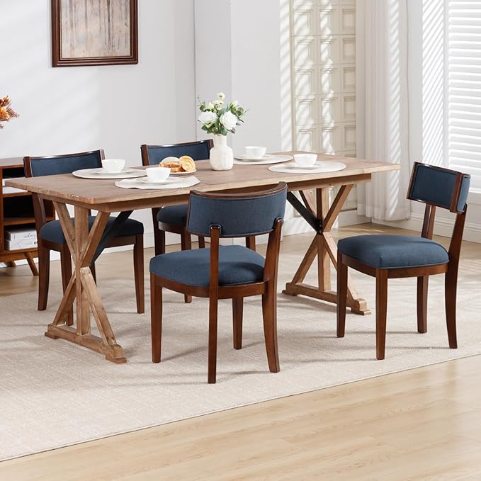 DM Furniture Upholstered Dining Chairs Set of 2 Farmhouse Kitchen Chairs with Solid Wood Legs Comfy Linen Accent Chair Modern Armless Side Chair for Dining/Living Room/Restaurant, Space Saving, Blue