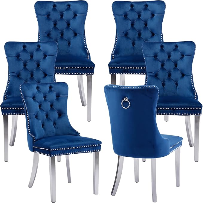YeahFurn Mid Century Modern Dining Chairs Set of 6, Blue Velvet Upholstered Tufted Back, Kitchen & Dining Room Chairs, Brushed Silver Metal Legs, Nailhead Trim, Sillas para Comedor (Blue, 6 Pcs)
