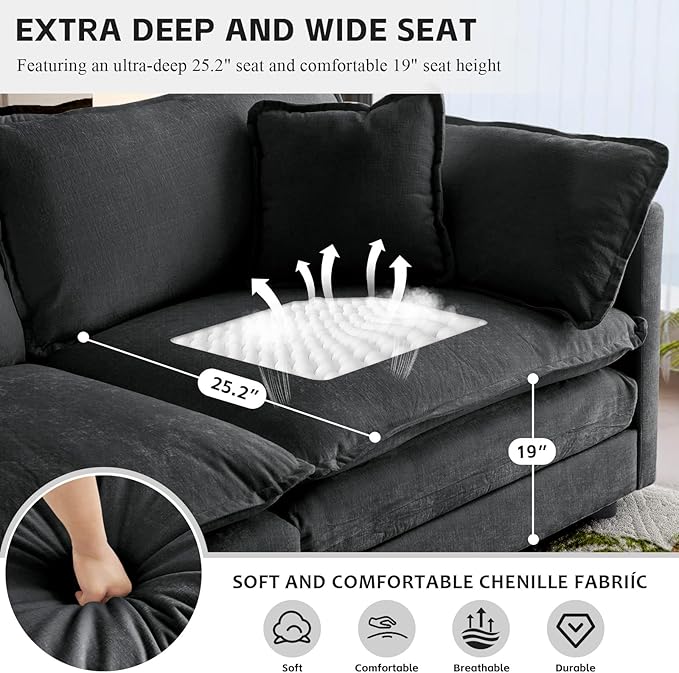 SoarFlash Chenille Sectional Sofa, Comfy L Shaped Modular Coush Sofa with Ottoman, Modern 4 Seat Couch Deep Seat Sofa Set for Living Room,Grey