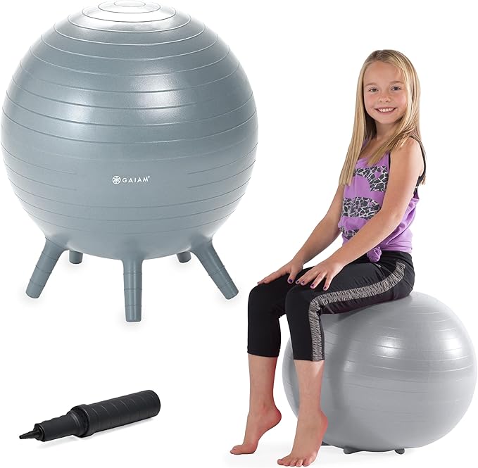 Gaiam Kids Stay-N-Play Children's Balance Ball - Flexible School Chair Active Classroom Desk Alternative Seating Built-In Stay-Put Soft Stability Legs, Includes Air Pump