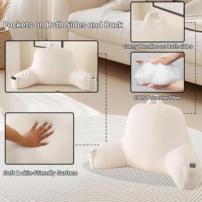 PAJEO Reading Pillow for Sitting in Bed, Large Backrest Reading Pillow with Arm Rest,Back-Rest Support Cushion for Sit Up on Couch, Sofa, and Floor, Dorm Essentials (White Faux Fur, Large(19"))