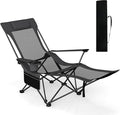 GYMAX Reclining Camping Chairs with Footrest, Lightweight Foldable Camping Chairs with Cup Holders, Adjustable Backrest, Headrest, Heavy Duty Camp Chair for Adult Outdoor Fishing Beach (Grey,1)
