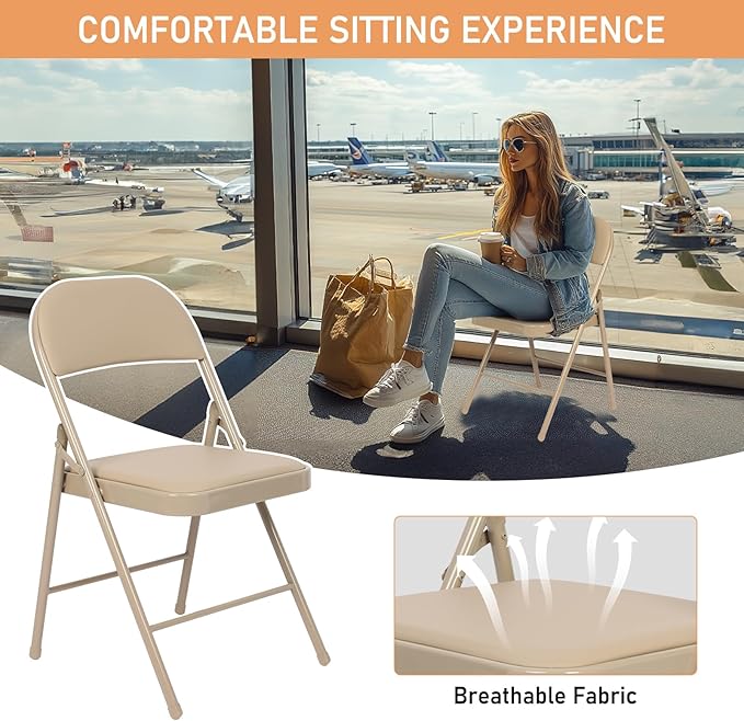 12 Pack Khaki Padded Folding Chairs Set - Comfortable Stackable Portable Chairs for Indoor Outdoor, Events, Parties, Office, Wedding (PU Leather, Urban Khaki,School Chair)