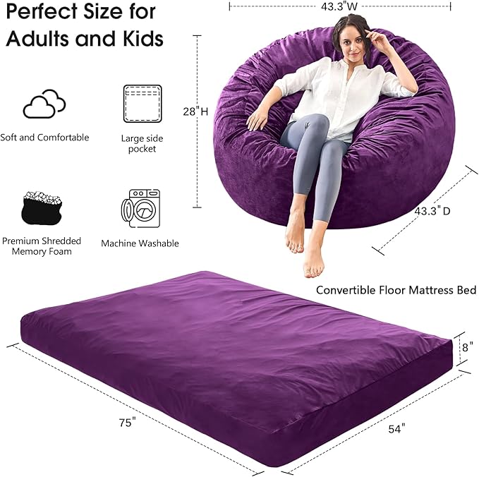 Bean Bag Chairs for Adults - Giant Bean Bag Chair Convertible Bean Bag Bed - Beanbag Chair with Micro Fiber Cover/Furniture Foam Filler - Floor Couch Sofa in Bedroom Dorm Room - Full Purple