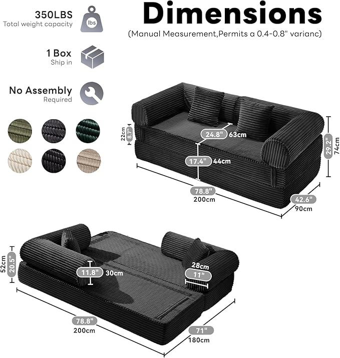 Tbfit 79'' Convertible Sofa Bed, Oversized Corduroy Folding Boneless Couch, Futon Mattress Sleeper Sofa, Comfy Foldable Upholstered Floor Couches for Living Room, Black