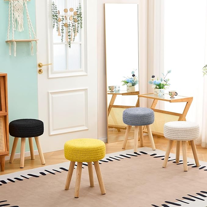 Wimarsbon Pouf Ottoman, 100% Cotton Knitted Boho Footstool, Round Footrest with Non-Skid Wood Legs, Home Décor Handmade Pouffe, Leisure Floor Step Stool for Living Room (Long Leg - Black)