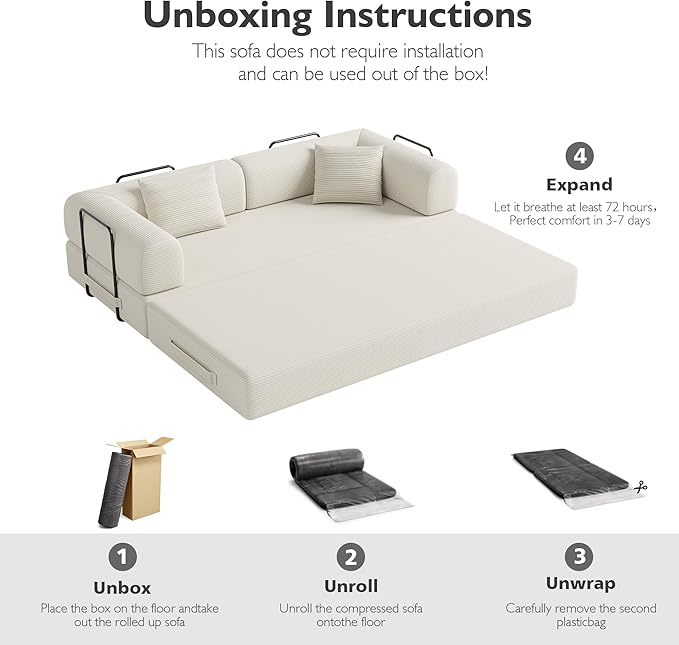 79 Inch 5-in-1 Convertible Sofa Bed, Corduroy Boneless Floor Couch with Fixed Frame & Pillow, Modular Folding Mattress Lounger for Small Space, Living Room, Bedroom - Easy Assembly(White)