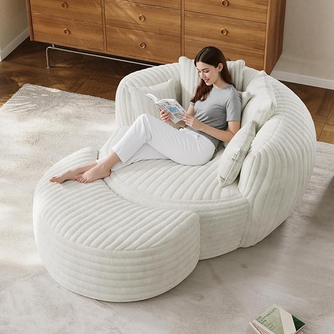 50" W Oversized Round Chaise Lounge Chair with Ottoman Indoor Boneless Plush Fluffy Corduroy Circle Couch Soft Comfy Cozy Cloud Reading Chair for Living Room, Playroom, Bedroom - Beige White