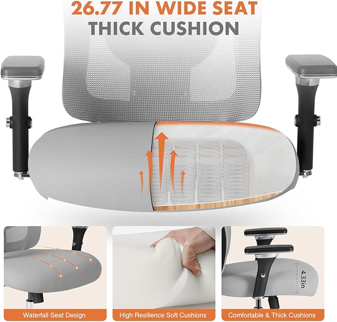 Sweetcrispy Big and Tall Office Desk Chair with Lumbar Support, 500lbs Heavy Duty Mesh Ergonomic Computer Chair with 4D Armrest and Wide Comfy Seat, Wheels for Adult