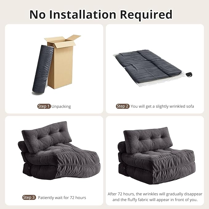 Convertible Sofa Bed & Couch Bed - Oversized Adult Sleeper Chair & Bean Bag Chair, Foldable Floor Bed with Backrest, Comfortable Lazy Sofa for Bedroom, Living Room & Dorm (Dark Gray, Single)