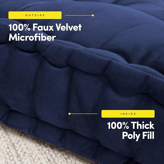 Sweet Home Collection Floor Pillow Large Square Tufted Decorative Cushion. Faux Velvet Fabric Ultra Thick Fill for Kids and Adults, 2 Pack, Navy.
