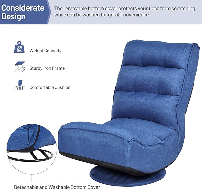 Giantex 360 Degree Swivel Gaming Chair, 6 Position Adjustable Folding Floor Chair, 300lb Spring Support, Comfortable Padded Backrest, Lazy Sofa Chair Game Rocker for Teens Adults (Navy Blue)
