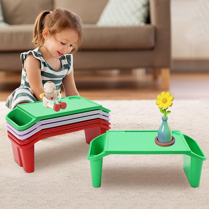 6 Pcs Kids Lap Desk Tray with Storage Slots, Activity Tray Portable Lap Desk Stackable for Kids Students Work Study School Classroom (Red/Green/Purple)