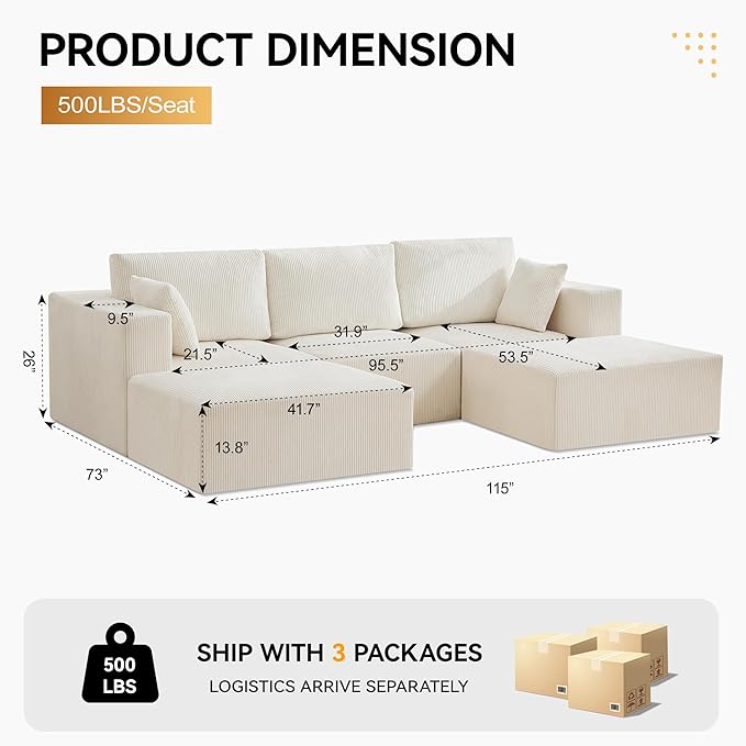 115'' U Shaped Boneless Sofa Couch, 3 Seater Modular Sectional Sofa with 2 Moveable Ottoman, Corduroy Convertible Sleeper Couch with Chaise for Living Room, Beige