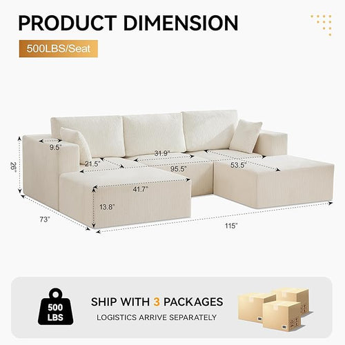 115'' U Shaped Boneless Sofa Couch, 3 Seater Modular Sectional Sofa with 2 Moveable Ottoman, Corduroy Convertible Sleeper Couch with Chaise for Living Room, Beige