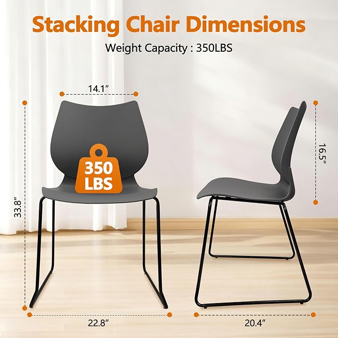 Stacking Waiting Room Chairs, Stacked Plastic Office Chair with Ergonomic Lumbar Support and Metal Legs for Conference School Church Guest Reception Set of 12, Grey