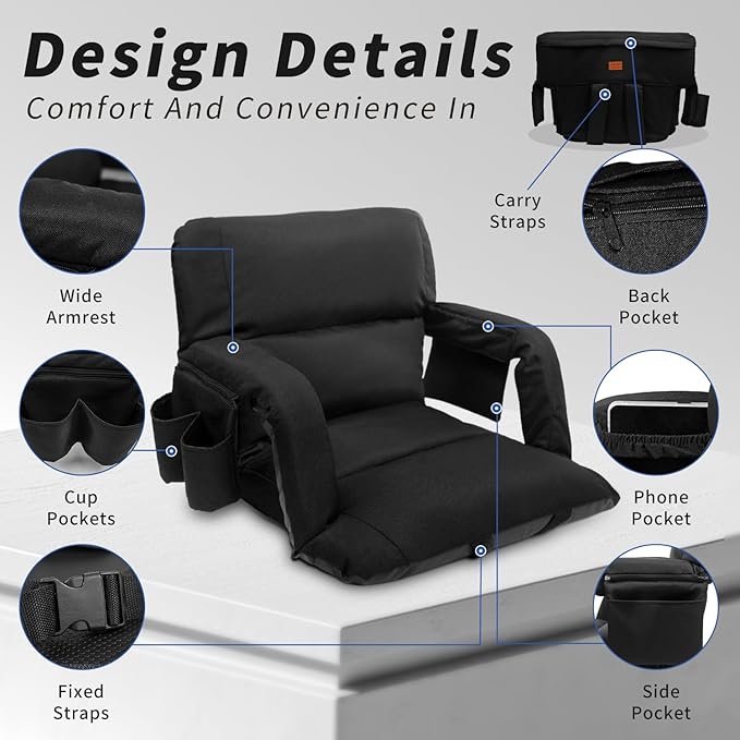 Aventorixis Extra Wide Stadium Seats with Back Support – 2 Pack Sofa-Style Bleacher Chairs, Thick Cushions, 6 Reclining Positions(Black-2 Pack,Wide|25")