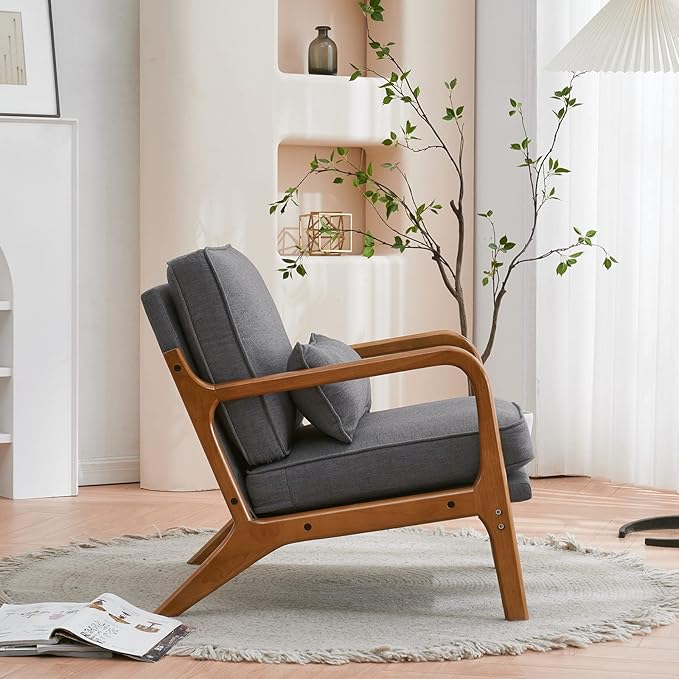 Karl home Accent Chair Mid-Century Modern Chair with Pillow Linen Fabric Upholstered Lounge Arm Chair with Solid Wood Frame & Soft Cushion for Living Room, Bedroom, Balcony, Gray