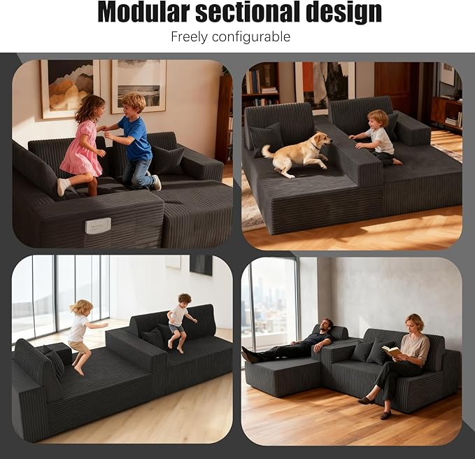 Komusou 110" Boneless Couch, Cloud Modular Sectional Sofa with L-Shape Chaise and Deep Seat, Modern Upholstered Couches for Living Room Bedroom No Assembly Required (Grey, Right Facing Chaise)