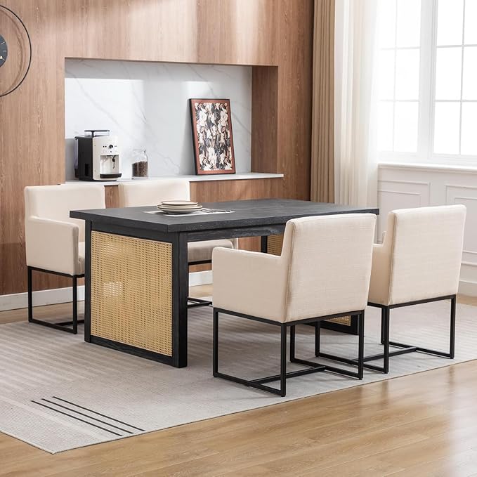 BESTANO Linen Upholstered Dining Chairs with Arms Set of 4 Mid Century Modern Accent Chairs Armchairs with Black Metal Frame, Modern Kitchen & Dining Room Chairs, Cream