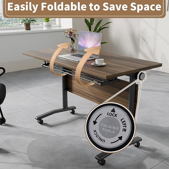 Conference Table, Modern Folding Meeting Tables with Flip Top, Mobile Podcast Table with Four Locking Wheels, Large Training Table for Meeting Room, Office, Classroom (2, A, 55.1in)
