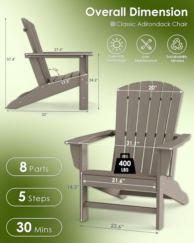 GREENVINES Adirondack Chairs Set of 4 | Wood Grain HDPE Plastic | Oversized Fire Pit Chair | All Weather | Desert Brown | Poly Lumber | for Outdoor Deck Backyard Patio Garden