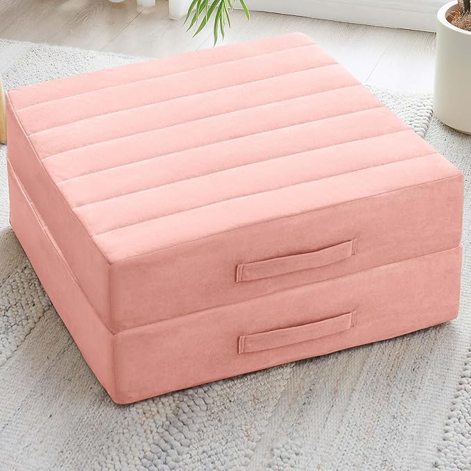 JKMAX 2 Pcs High Density Foam Floor Pillow - Upgraded Large Pillows Seating for Adults - Outdoor Floor Cushion with Soft Tufted Cover - Yoga Pillows for Sitting On Floor - 22 Inch Pink