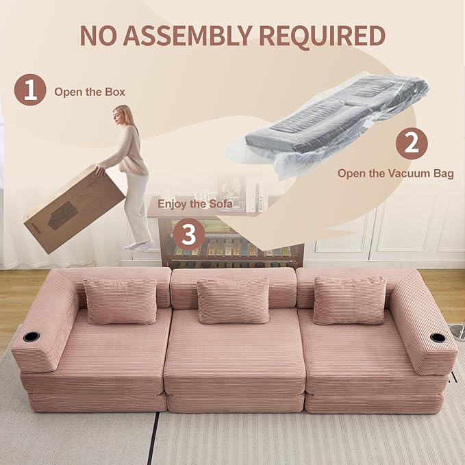 118" Oversized Convertible Floor Sofa Bed, Boneless Foldable Mattress Cloud Couch with Pillow Back & Armrest, Fold Out Floor Couch with Cup Holder for Living Room Bedroom Lounge, Corduroy, Pink