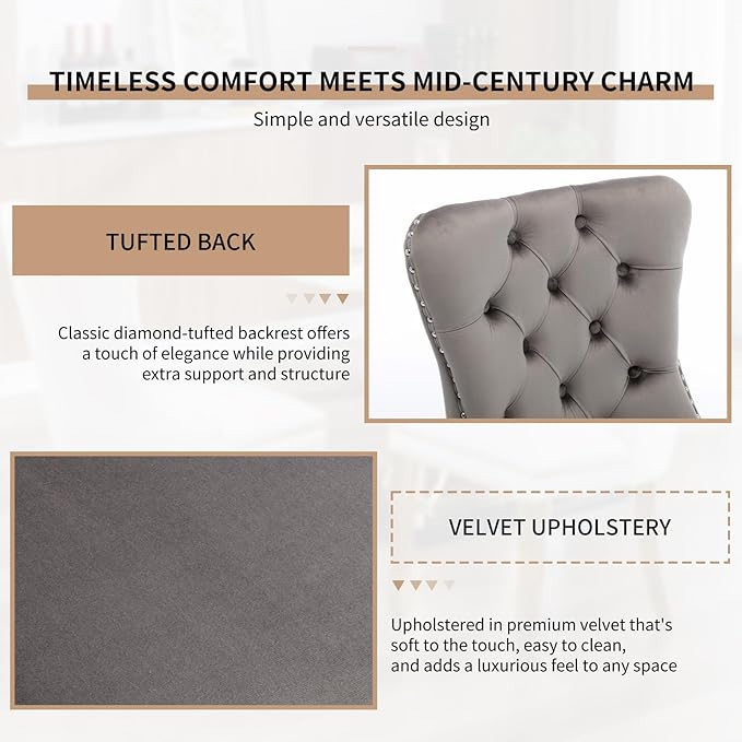 YeahFurn Mid Century Modern Dining Chairs Set of 2, Grey Velvet Upholstered Tufted Back, Kitchen & Dining Room Chairs, Brushed Silver Metal Legs, Nailhead Trim, Sillas para Comedor (Gray, 2 Pcs)
