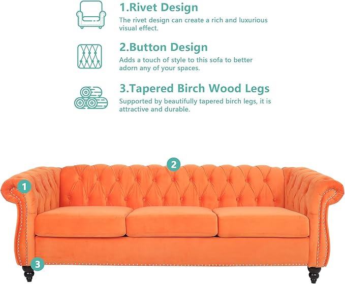 QHITTY Accent Large Sofa, Chesterfield Couch 3 Seater Modern Velvet Couch Upholstered Sofa with Tufted Back for Living Room Furniture (Orange)