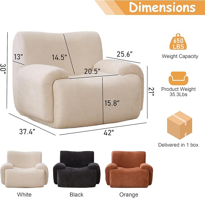 Boneless Chair, 42" W Oversized Single Sofa Chair for Living Room, Chenille Cloud Comfy Chairs, Foam Couch Armchair for Bedroom, Apartment, Office. Reading, No Assembly(Beige)