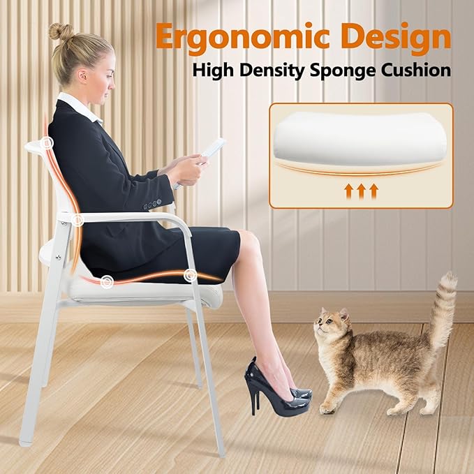 CLATINA Mesh Back Stacking Arm Chairs, Office Reception Guest Chair, Desk Chair No Wheels Ergonomic Lumbar Support and Thickened Seat Cushion for Waiting Conference Room White(2 Pack)
