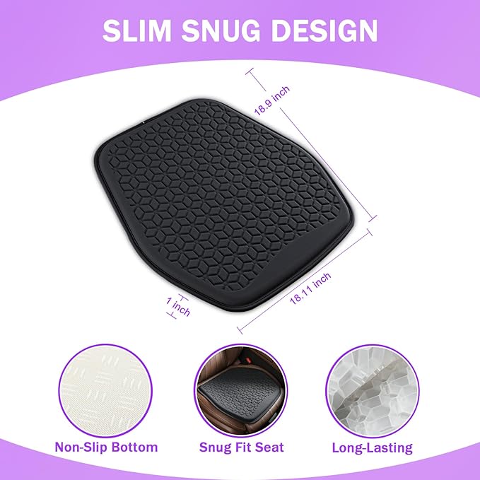 Binsheo Thin Gel Seat Cushion for Car Seat, Office Chair, Wheelchair, Golf Cart - Non-Slip Car Seat Cushions with 0.7 Inch Gel - Sciatica & Coccyx Pain Relief (Fabric, Black)