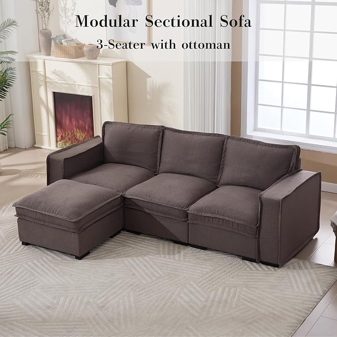 HEAY-YO 93 Inches Modern Modular Sectional Sofa,L Shape 3-Seater Comfy Couch with Moveable Ottoman,Floor Sofa for Living Room Bedroom Apartment,Linen Grey