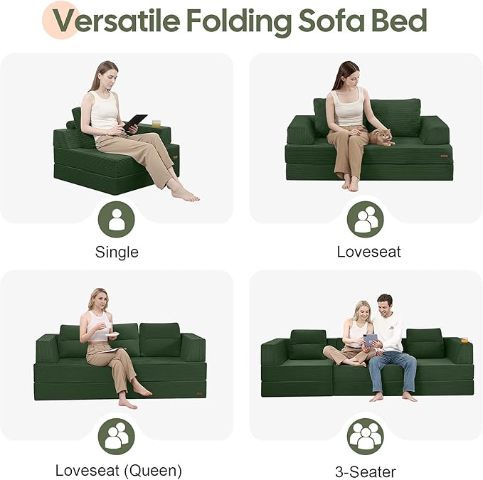 COMAX Folding Sofa Bed, Foldable Couch for Bedroom, Corduroy Convertible Floor Sleeper Futon Chair Foam, 3 in 1 Fold Out Chair Portable Comfy Lounge Couch Single Sofa Bed for Small Space Guest Room