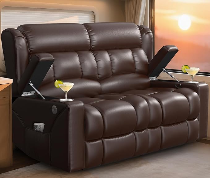 FURNIMAT RV Loveseat Recliner Sofa, 2 Seater Reclining Loveseat Sofa, PU Leather Dual Recliner Couch, Modern Loveseat Couch for Living Room, with Cup Holder and USB Ports, Brown