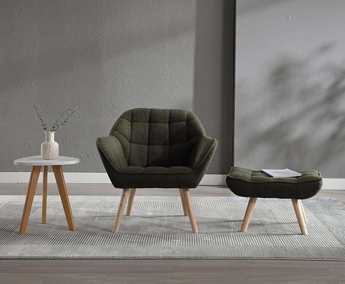 ZH4YOU Sherpa Accent Chair with Ottoman, Modern Fuzzy Reading Chair with Ottoman Upholstered Armchair with Wood Legs Comfy Lounge Chair for Small Spaces Living Room Bedroom Book Nook, Green