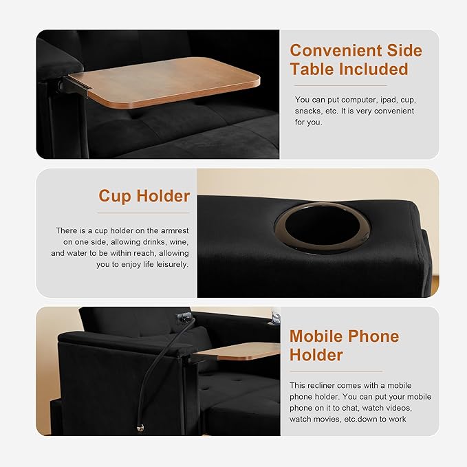 ORRD Convertible Chair Bed, 3-in-1 Multi-Functional Velvet Sleeper Sofa Pull-Out Couch Chair Bed with Adjustable Backrest and Hidden Side Table for Living Room, Small Space, Apartment (Black)