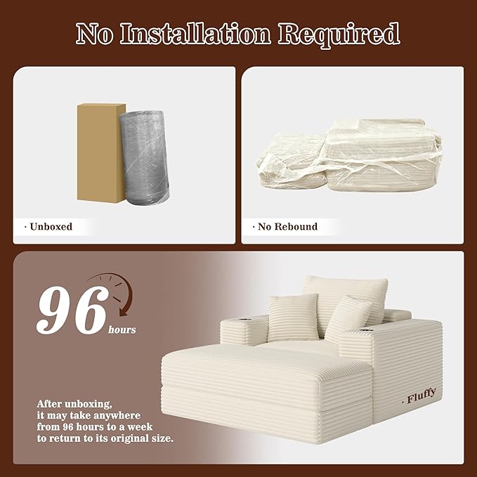52" Boneless Chaise Lounge Chair Indoor — Oversized Cloud-Like Cozy Comfy Modular 3-in-1 Sofa Bed for Reading, Living Room & Bedroom Corduroy Couch Sleeper, Beige
