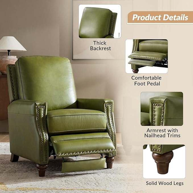 HULALA HOME Genuine Leather Recliner Chair, Classic Push Back Recliner Armchair with Thick Seat and Backrest (Olive)