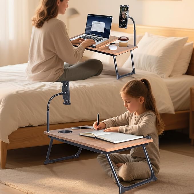 Adjustable Wooden Lap Desk with Flexible Stand, Natural Oak Color, Portable Workstation with Cable Management, Ergonomic Design for Home Office (Wood+Black)