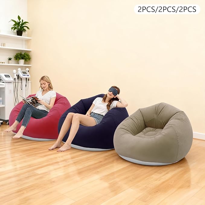 6 Pcs Bean Bag Chairs for Adults, Inflatable Chairs with Foot Pump, Folding Blow Up Couch, Flocking Portable Lazy Sofa for Movie Night, Living Room, Camping, 220lbs Load Capacity, Brown+Navy Blue+Red
