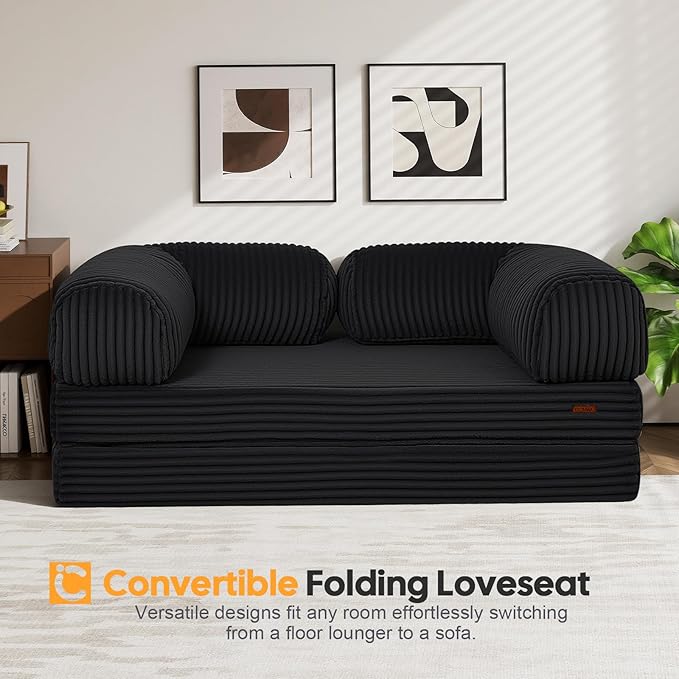 COMAX Futon Sofa Bed, 4-in-1 Floor Foldable Sofa Couch Bed Queen with L-Shaped Armrests, Convertible Folding Chair Bed Sleeper Mattress Fold Out Comfy Lounge for Living Room Bedroom, Faux Fur Black