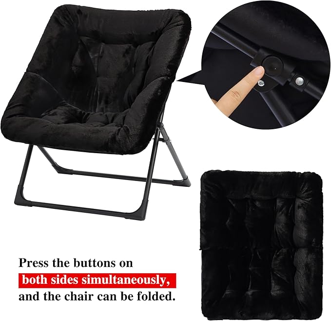 Comfy Saucer Chair for Adults, Soft Faux Fur Bedroom Chair with Ottoman, Accent Dorm Chairs, Living Room Reading Chairs and Footstool, Folding Lounge Seat for Teens, X-Large, Black