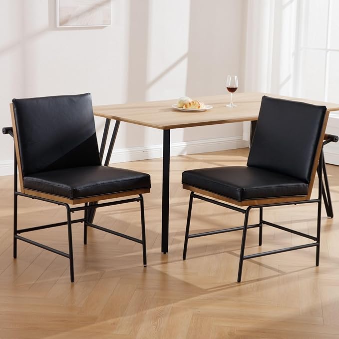 DUOMAY Mid-Century Modern Dining Chairs Set of 6, PU Leather Upholstered Side Chair with Rear Handle, Armless Chair with Metal Legs for Kitchen Dining Room Living Room Vanity, Black