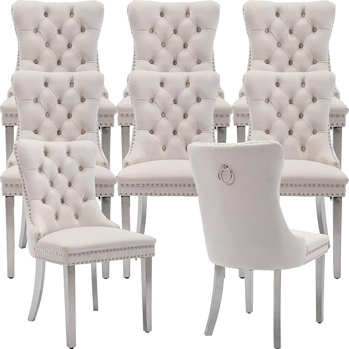 YeahFurn Mid Century Modern Dining Chairs Set of 8, Beige Velvet Upholstered Tufted Back, Kitchen & Dining Room Chairs, Brushed Silver Metal Legs, Nailhead Trim, Sillas para Comedor (Beige, 8 Pcs)