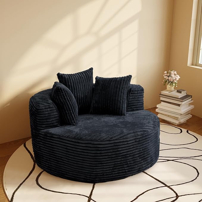 WJShome 50" Round Chaise Lounge Chair Indoor,Oversized Corduroy Upholstered Boneless Couch Deep Seat Sleeper Sofa Bed,No Assembly Required Couches for Living Room/Bedroom/Apartment,Black