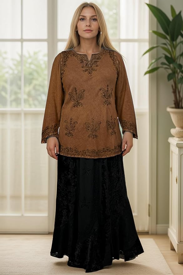 Agan Traders 2025 Winter Long Sleeve Diamond Neck Embroidered Tops - Medieval Boho Vintage Tunic Kurta Blouses for Women