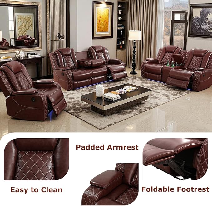 Toseslo Power Recliner Sofa Set with LED Light,Leather Sectional Sofa and Chair Set, Living Room Furniture Sets, Modern Power Reclining Sets with Storage Console for Living Room(Brown)